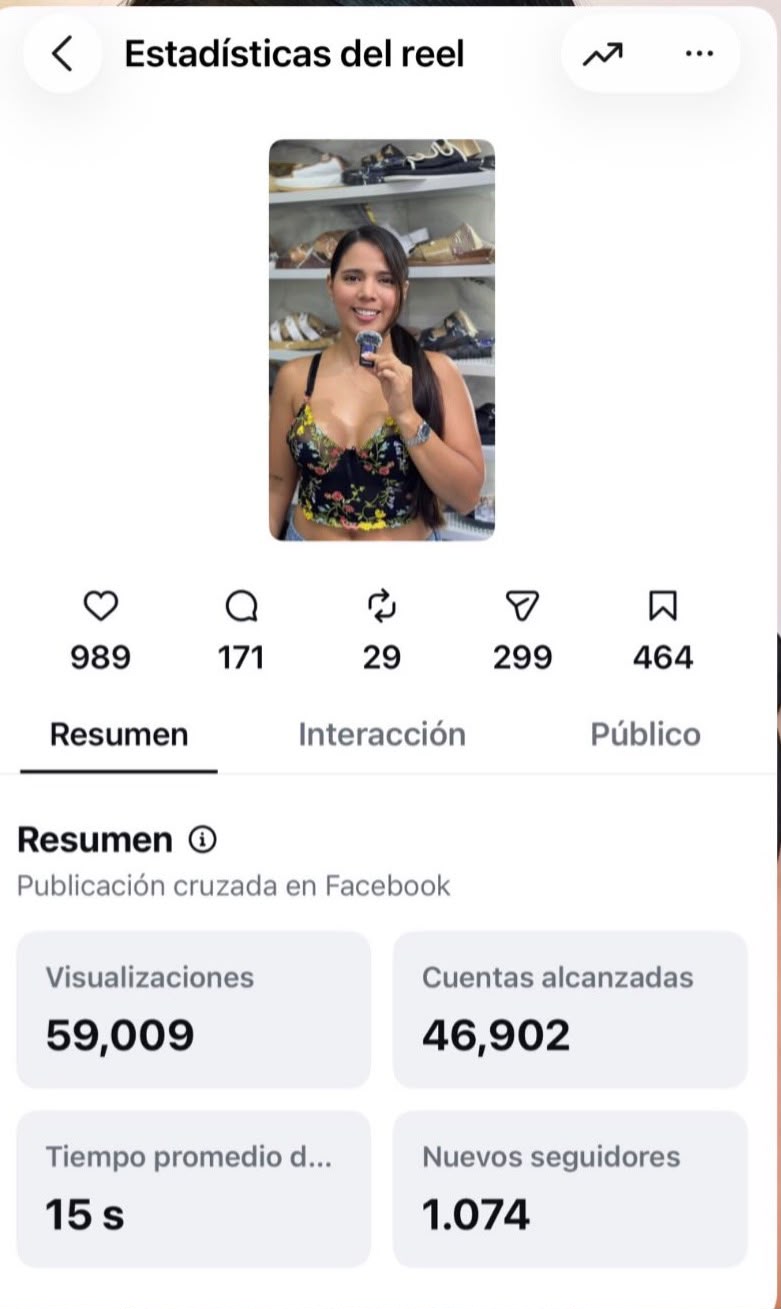 Captura de estadísticas reales de un reel de Michelle en Instagram
